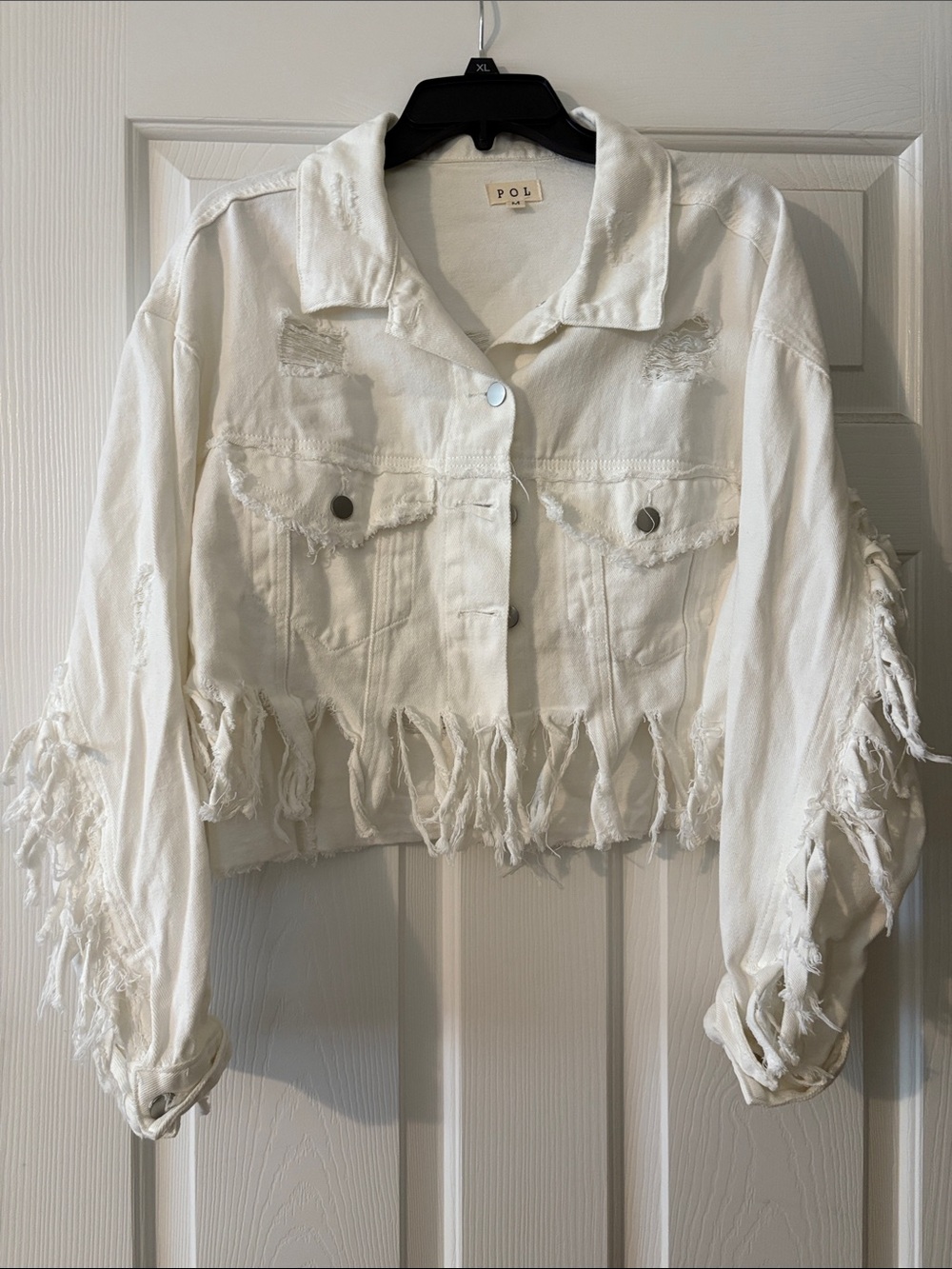 POL White Cropped Fringed Distressed Denim Jacket
